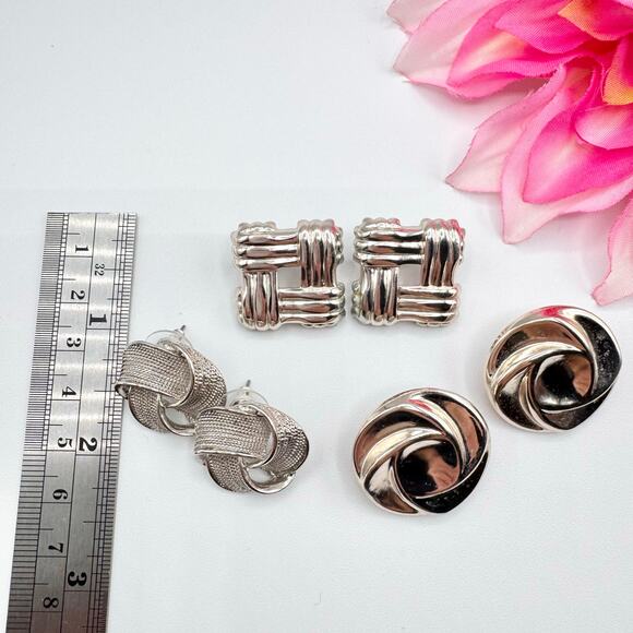 Vintage Earring Lot 3 Pair 90s Silver Tone Knot Basketweave Swirl Stud Chic - Picture 7 of 10